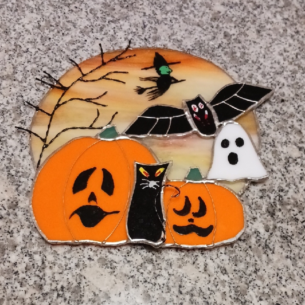 Halloween Stained Glass Art with Pumpkins and Ghost